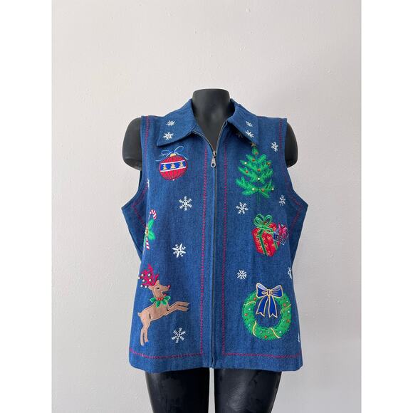 Anne Carson Christmas Vest Women’s Sz XL Denim Colorful Patches Holidays Winter - Picture 1 of 7